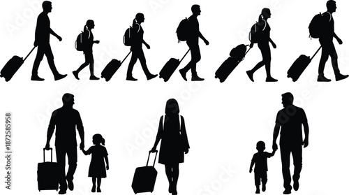 Travelers silhouette family and solo passengers walking with luggage vector illustration set for airport tourism journey and transportation concept design
