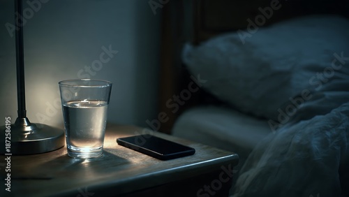 A glass of water and a smartphone on a wooden bedside table under warm lamp light. Dimly lit bedroom setting representing nighttime routine, hydration, sleep preparation, and digital detox.