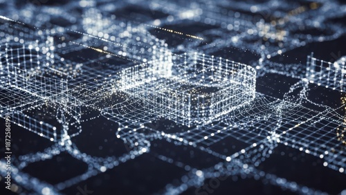 Abstract Digital Network Data Flow Futuristic Technology Grid With Glowing Particles And Circuit Board Pattern Background