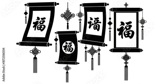 Elegant collection of traditional Chinese scrolls with 'Fu' characters, symbolizing blessings, prosperity, and good fortune, perfect for cultural festive celebrations