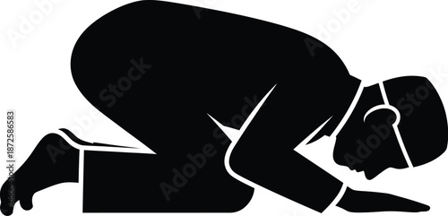 Man bowing silhouette showing muslim prayer position vector