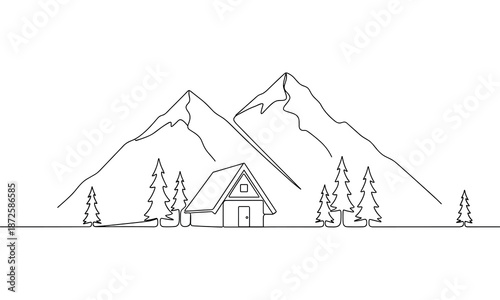 Mountain landscape vector line art with wooden cabin and forest pine tree scene