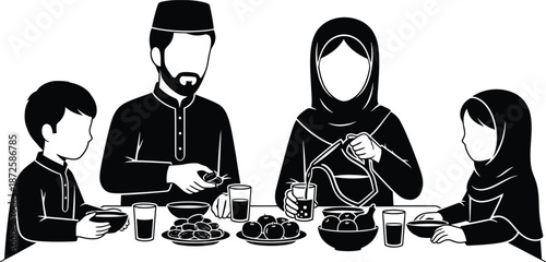 Muslim family having iftar meal during ramadan silhouette