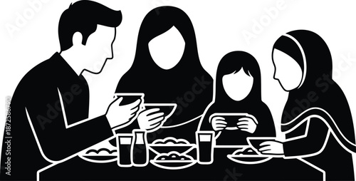 Silhouette of happy family eating meal together at table
