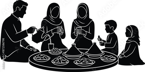 Family sharing iftar during ramadan silhouette design