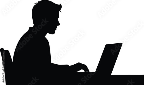 Silhouette of man using laptop against transparent backdrop
