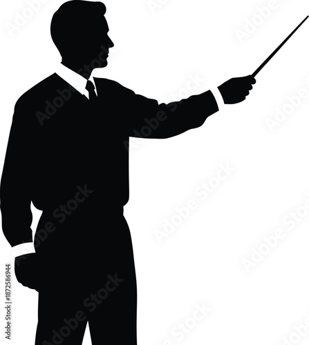 Silhouette of teacher with pointer stick on transparent background
