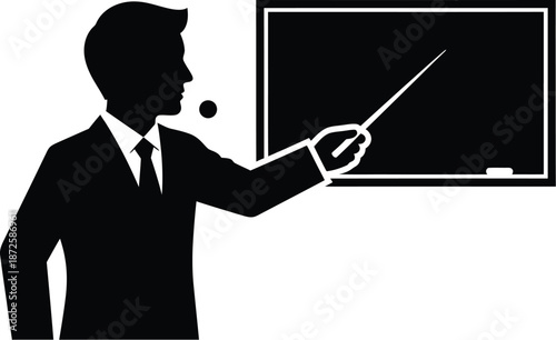 Silhouette of man explaining near blackboard on transparent background