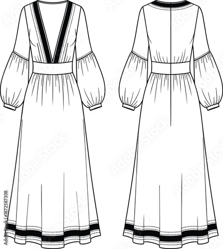 Women's Deep V-Neck Bohemian Maxi Dress Flat Fashion Sketch, Long Sleeve Bishop Sleeve Gown CAD Drawing Flat Vector Illustration, Ethnic Style Template