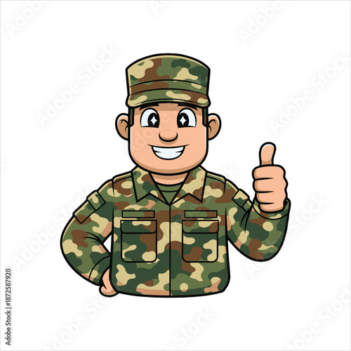 A cartoon soldier in camouflage uniform giving a thumbs up gesture