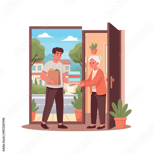 A young man delivering a food box to an elderly woman at her doorway during ramadan charity. Perfect for charity, food delivery, and community service presentations.