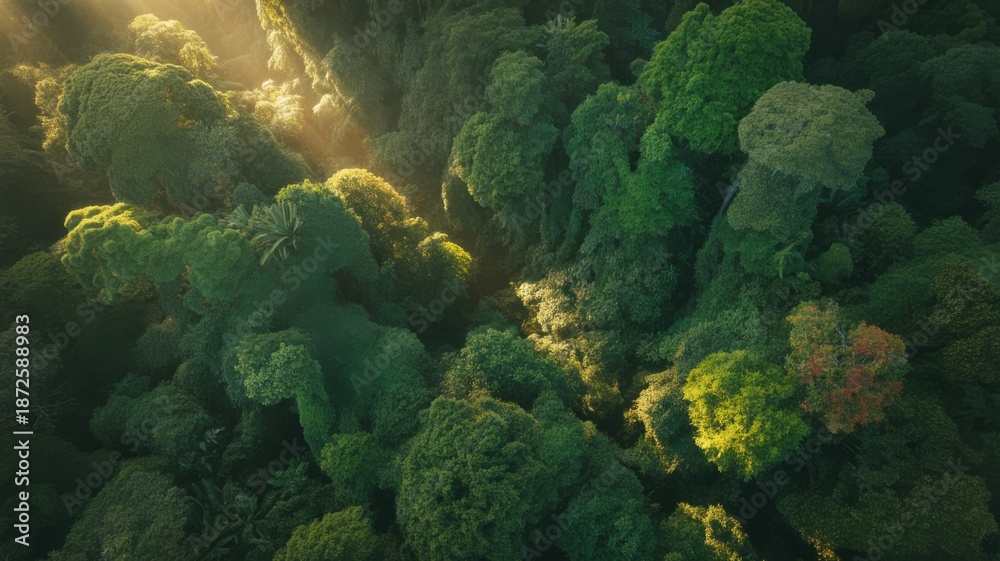 Fototapeta premium Aerial view of lush green forest canopy with dramatic sunbeams filtering through, evoking a sense of wonder and natural beauty, jungle illustration.