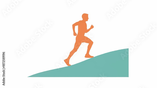 Stylized orange silhouette of a person running uphill on a teal slope.