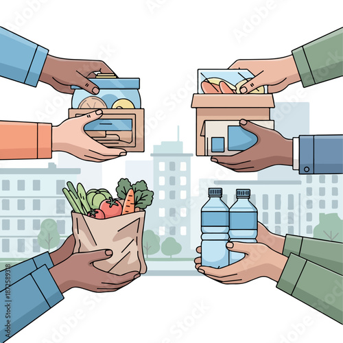 Illustration of diverse hands exchanging food and water on a city background, symbolizing ramadan charity. Perfect for charity campaigns, social media posts, and community programs.