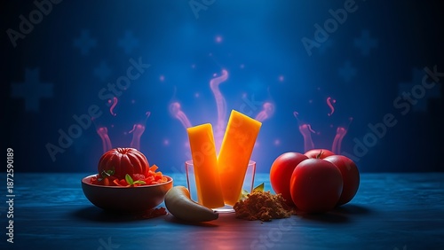 Artistic still life of five traditionally avoided foods surrounded by glowing anti-inflammatory auras
