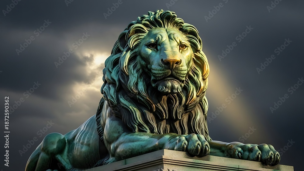 Fototapeta premium Majestic bronze lion statue with dramatic stormy sky and sun rays