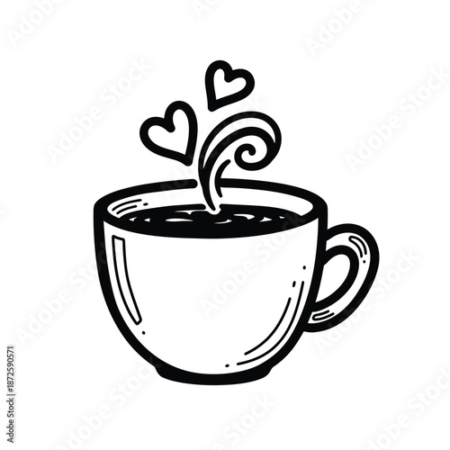 Steaming Coffee Cup with Heart Design.
