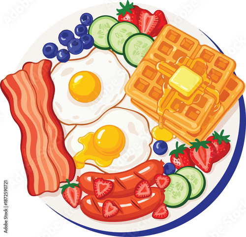 Delicious mother's day breakfast plate with eggs bacon waffles and fresh fruit