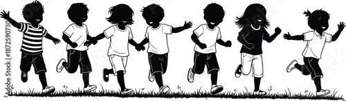 Children running together silhouette vector illustration, happy kids outdoor play activity outlines collection, joyful childhood movement isolated on white background
