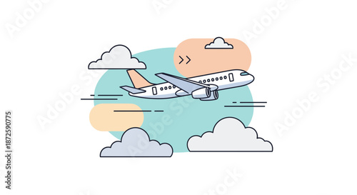 Airplane flying through the sky with clouds travel and transportation concept.