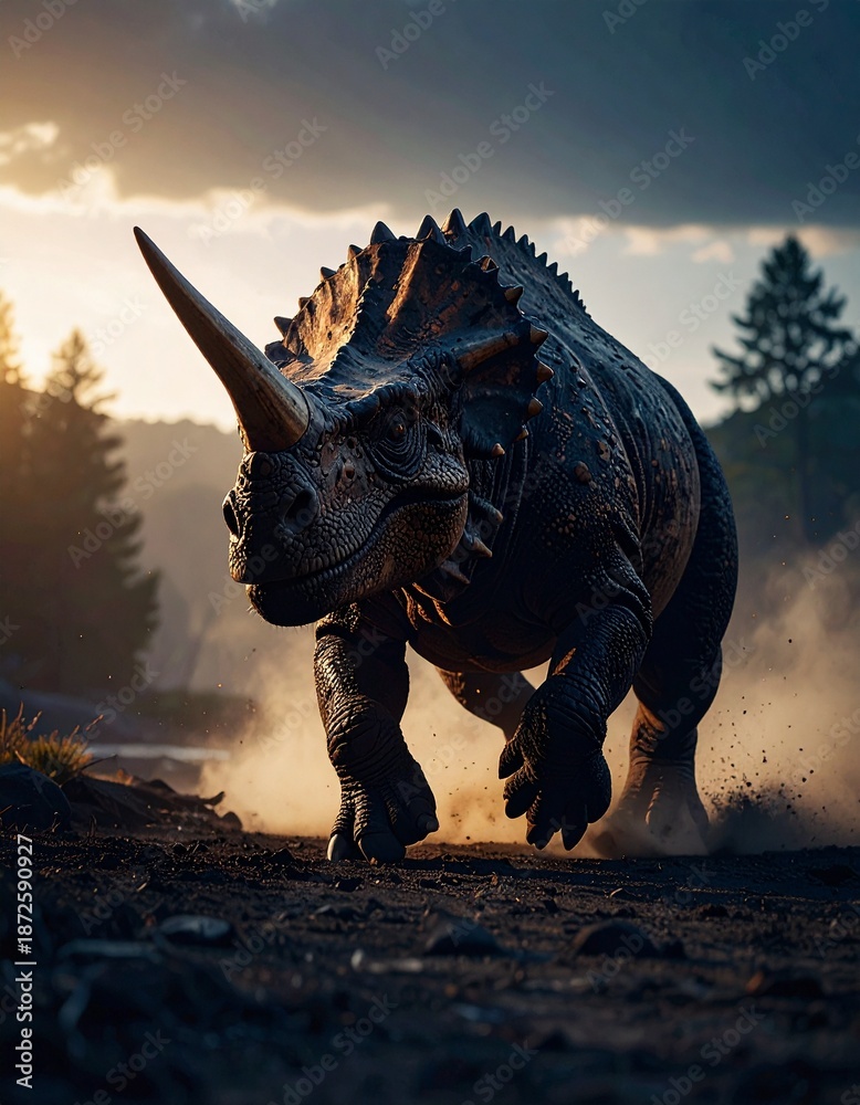 Fototapeta premium Triceratops galloping across the beautiful morning landscape 美しい朝の大地を疾走するトリケラトプス