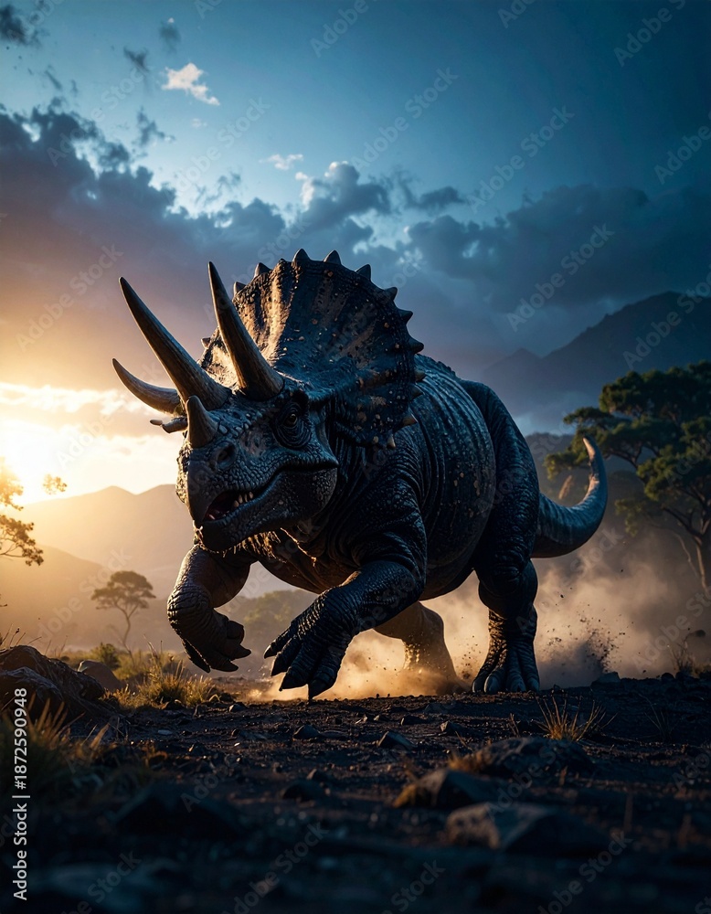 Fototapeta premium Triceratops galloping across the beautiful morning landscape 美しい朝の大地を疾走するトリケラトプス