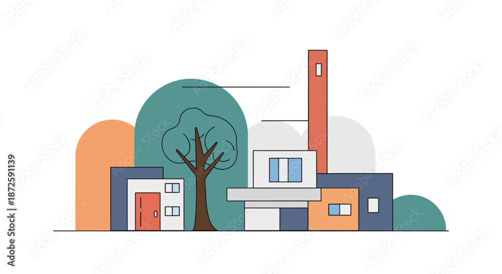 Obraz premium Modern architectural illustration showcasing a minimalist building design with a tall chimney and surrounding trees.