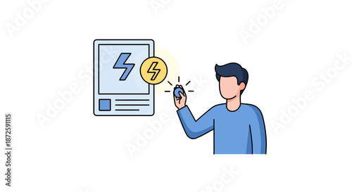 Man operating a smart energy meter with a remote control for power management.