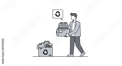 Man carrying boxes of clothes for recycling promoting environmental awareness and sustainability.