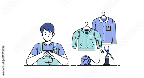 Man with clothes and tools focused on tailoring and garment repair.