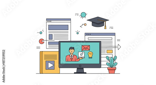 Online education concept with computer screen and learning elements.