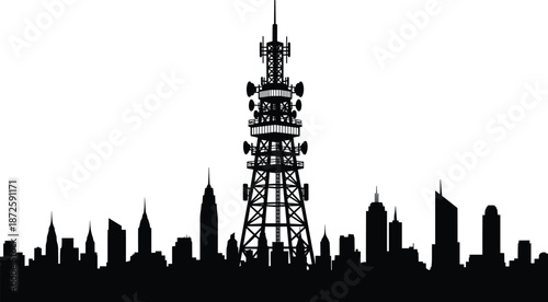 City skyline silhouette with industrial telecommunication tower, urban cityscape background, digital communication network, radio antenna signal transmitter, architectural vector 