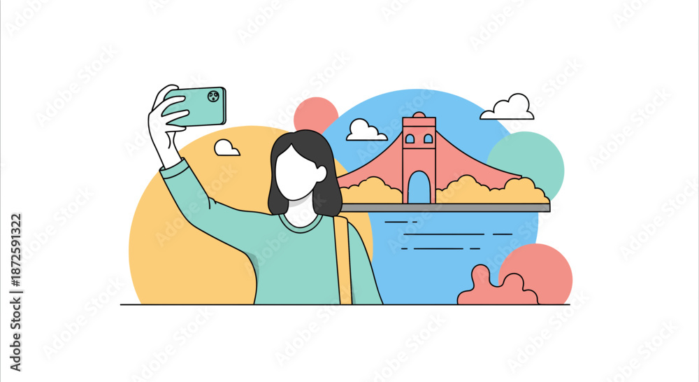 Obraz premium Woman taking a selfie with a bridge in the background travel concept.