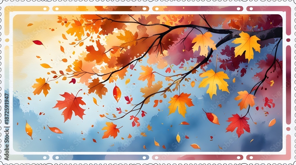 Naklejka premium Vibrant autumn leaves falling against colorful sky background
