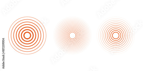 Red concentric ripple circles set. Sonar or sound wave rings collection. Epicentre, target, radar icon concept. Radial signal or vibration elements.