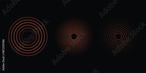 Red concentric ripple circles set. Sonar or sound wave rings collection. Epicentre, target, radar icon concept. Radial signal or vibration elements.