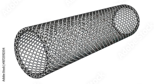 Cylindrical mesh tube, a medical stent or industrial component on white.