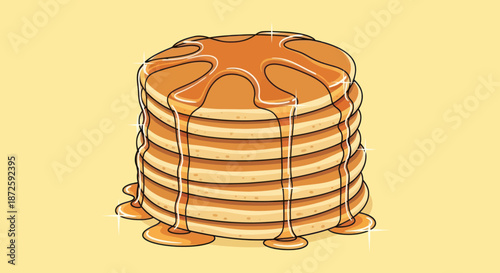 Delicious stack of pancakes with dripping maple syrup on a yellow background.