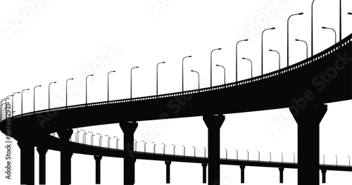 Curved flyover bridge silhouette, modern urban highway interchange with street lights, transportation infrastructure vector illustration isolated on white background