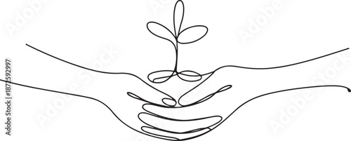 Continuous one line drawing hands hold plant together. World environment day concept. one line Art icon drawing vector