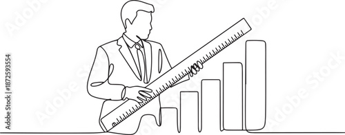 Single one line drawing Businessman measuring chart growth and increase of chart positive indicators in his business. one line Art icon drawing vector