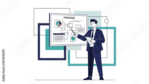 Businessman presenting strategic plan on whiteboard with charts and diagrams