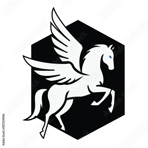 Majestic white Pegasus silhouette with open wings inside a hexagon emblem for mythical sports branding fantasy gaming and legendary team identity