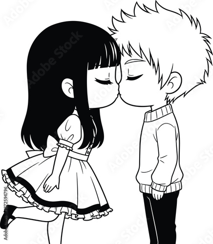 Cute cartoon children kissing illustration, innocent childhood affection moment, adorable boy and girl characters, hand drawn style, black and white vector artwork