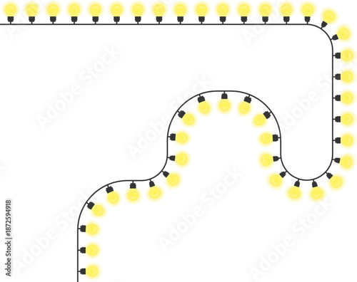 Rounded wave light bulb path formed by smooth curves with glowing bulbs along the line.