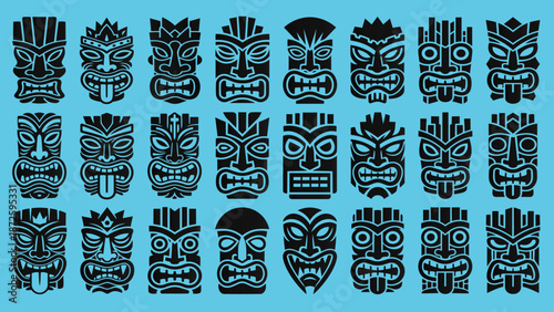 Collection of Traditional Polynesian Tiki Masks Vector Illustration Set