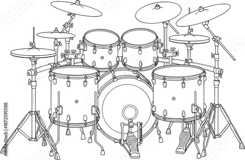 Detailed acoustic drum set vector illustration, professional percussion kit with cymbals, bass drum, toms, snare, hardware, isolated line art design