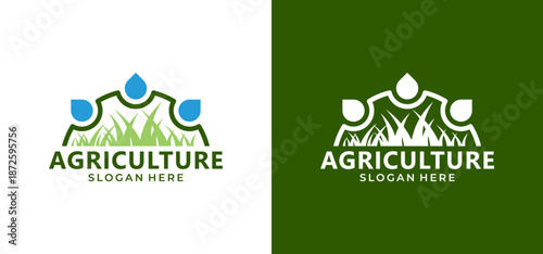 Combination agriculture logo with grass people and water droplets. Suitable for ecofriendly farming businesses looking for a unique branding solution.