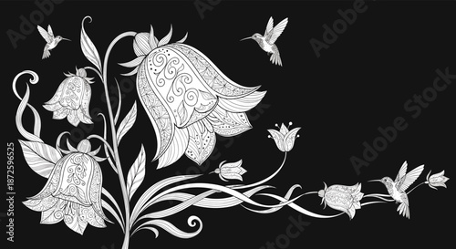 Elegant white-on-black floral illustration featuring ornate, decorative bellflowers and several small hummingbirds in flight.