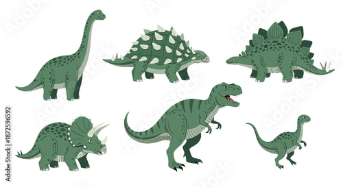 Collection of six popular green dinosaurs in a friendly cartoon style, including Tyrannosaurus Rex, Stegosaurus, and Triceratops.
